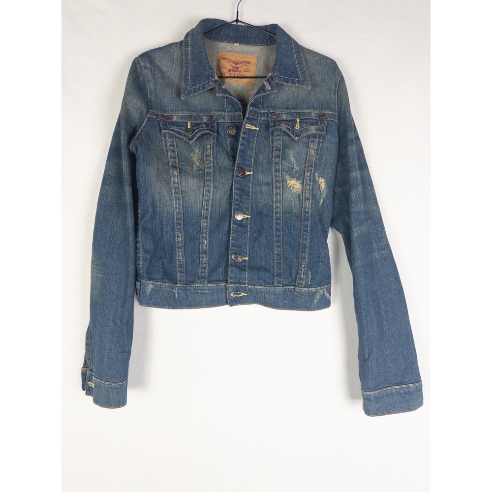 Sutters Denim Jacket‎ Womens M (s) Blue Dark Wash Distressed Trucker Outdoor